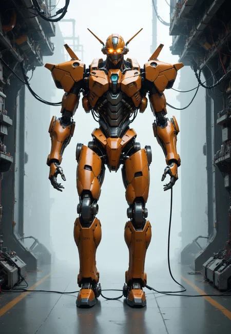 score_9, score_8_up, score_7_up, BREAK, mecha, biomechanical, Mobile Suit, body suit, mechanical parts, complex robot, machinery, wires, joints, cable, one eye, glowing eye, full body,