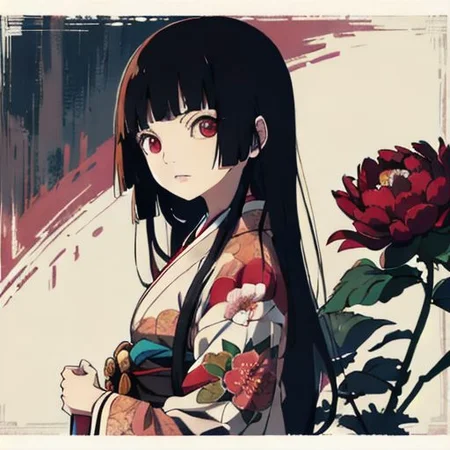 enma ai, hair down, hair black, bangs, eyes red, masterpiece, best quality, ultra-detailed, illustration, 1girl, solo, highres, photorealistic, ultra high res, (Original illustration composition), (fusion of limited color, Maximalism artstyle, kimono obi fashion, double exposure, background, illustration, Amazing, lily spider, night darkness, open one's mouth, flowers red, (polychromatic peony:1.15), Movie poster,