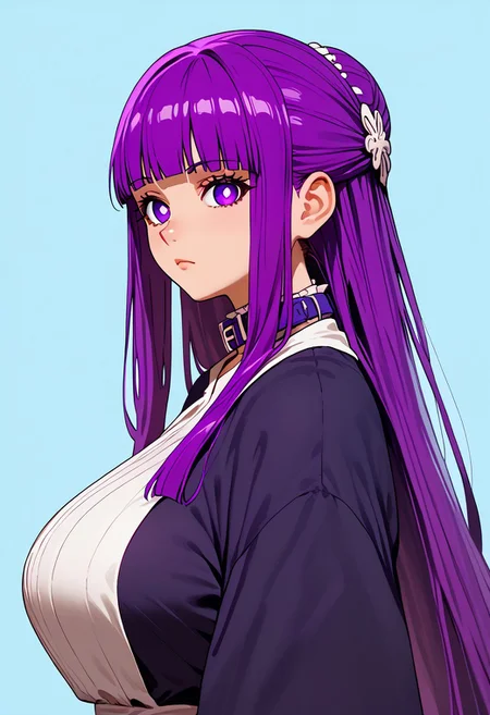 score_9, score_8_up, score_7_up, source_anime,
c0l0r1f1c4t10ncy4n,ColorificationCyan,Colorification Cyan, 1girl, fern \(sousou no frieren\), large breasts, long hair, purple hair, half updo, blunt bangs, purple eyes, white pupils, huge breasts, hair ornament, simple background, upper body,collar, from side, looking at viewer, light blue background