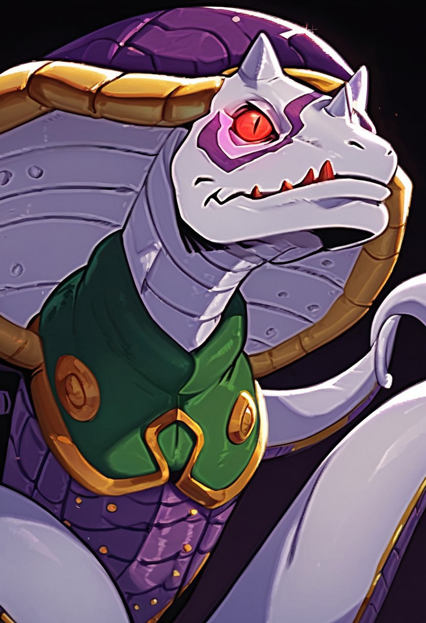 (score_9, score_8_up, score_7_up, score_6_up, score_5_up, score_4_up), source_cartoon, dark lighting, (high quality), (high resolution), 4k, Sandiramon, monster, cobra, white skin, red eyes, pupiless eyes, three horns, purple shell, purple marks, purple armor, gold trim, green chest plate,