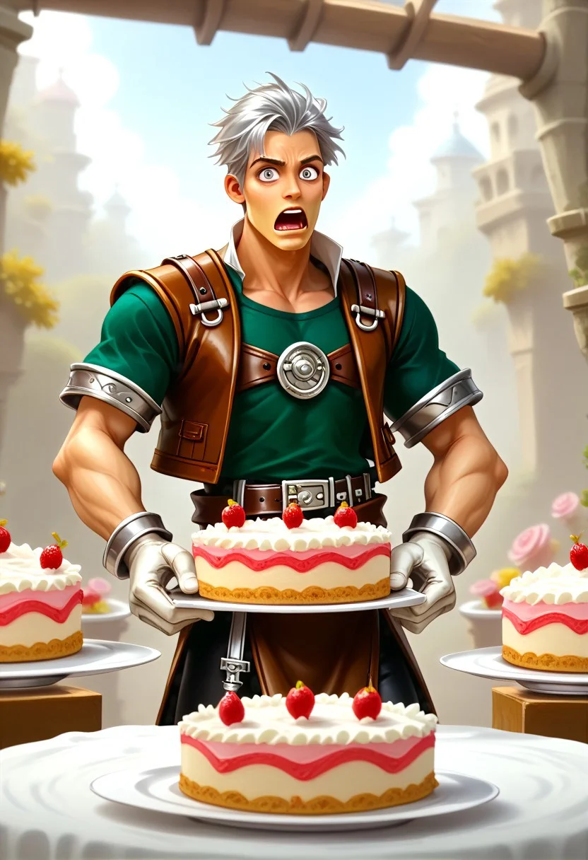 score_9, score_8_up, score_7_up, raymanstyle,, male focus, toned male, natgra2, gray eyes, short hair, silver hair, steel greaves, plated footwear, brown skirt, black pants, green shirt, brown leather vest, silver belts, white gloves, silver chest plate, surprised expression, open mouth, wide eyed, eating cake, holding cake, (messy:2)