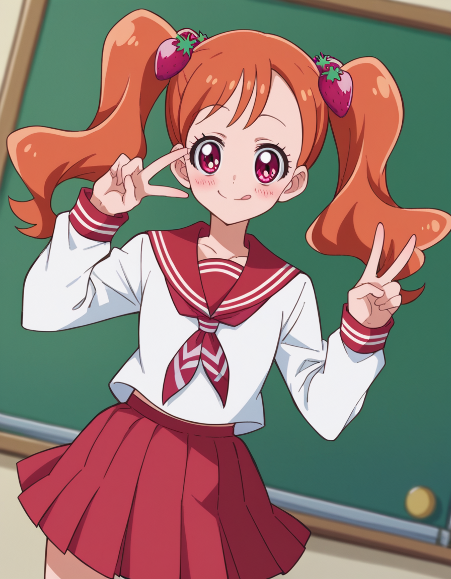 score_9, score_8_up, score_7_up, source_anime,
<lora:ichika-usami-anime-ponyxl-lora-nochekaiser:1>, ichika usami, hair ornament, twintails, pink eyes,
skirt, long sleeves, school uniform, serafuku, sailor collar, orange hair, red skirt, food-themed hair ornament, red sailor collar, strawberry hair ornament,
classroom, smile, blush, v, v over eye, tongue,
looking at viewer, cowboy shot, dutch angle, solo,
