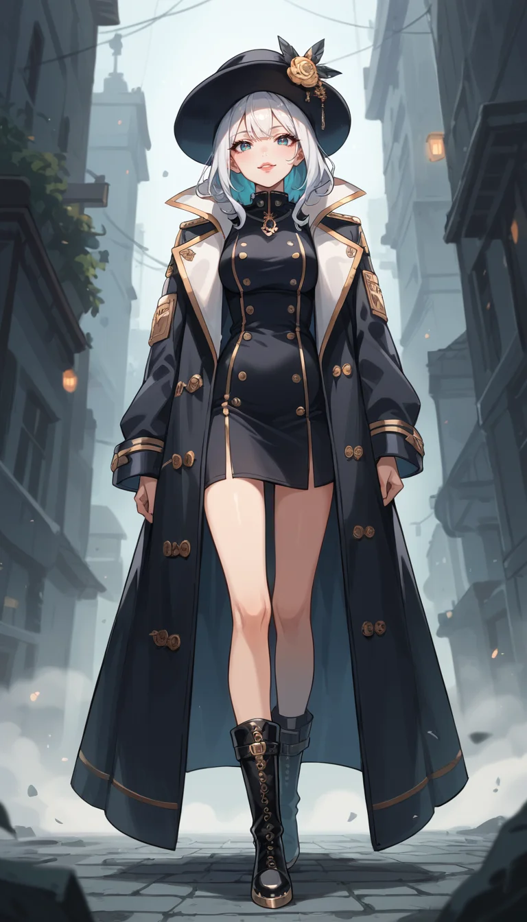score_9, score_8_up, score_7_up, Anime Style, Full Body Shot, A shadowy human figure, cute, seductive, innocent, light smile:0.3, plump lips, slender body, in a long coat and hat, black boots, intense fog background, depth of field, dynamic angle, fashion photography, sharp, hyperdetailed:1.15