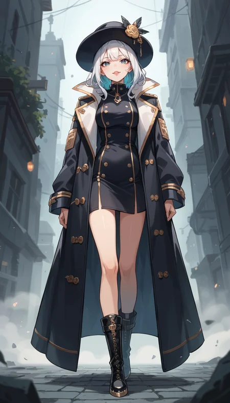 score_9, score_8_up, score_7_up, Anime Style, Full Body Shot, A shadowy human figure, cute, seductive, innocent, light smile:0.3, plump lips, slender body, in a long coat and hat, black boots, intense fog background, depth of field, dynamic angle, fashion photography, sharp, hyperdetailed:1.15