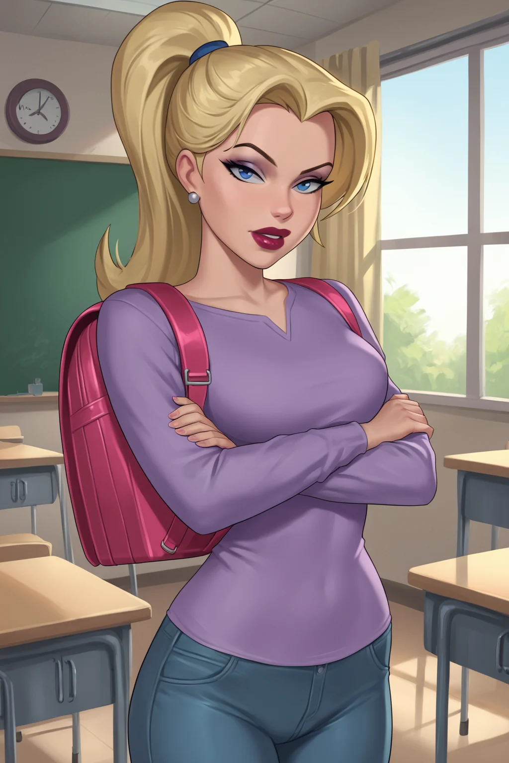 PonyXLV6_Scores BREAK ((parody)), (perfect anatomy, absurd resolution, cowboy shot) BREAK <lora:Stargirl:0.8> 1girl, blonde hair, long hair, ponytail, blue eyes, lipstick, makeup, flirty, raised eyebrow, ((looking at viewer)), jewelry, earrings, purple shirt, long sleeves, purple miniskirt, backpack, sexually suggestive, standing in classroom, indoors