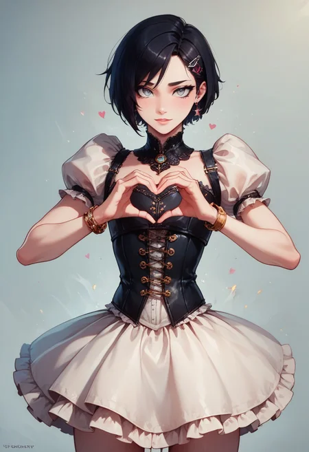 score_9, score_8_up, score_7_up, 1boy, femboy, otoko no ko, short hair, bob cut hair, black hair, grey eyes, gray eyes, feminine face, toned body, Shelly, 
lace corset and skirt, embroidered cutouts, earrings, bracelets, ornate hairclip, 
highly detailed, intricate, zzCitronCAT, contrapposto, heart hands, modelshoot, complex background