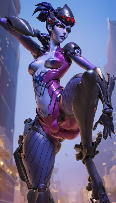 Cinematic scene, hero view, Widowmaker, Overwatch <lora:widowmaker_xl_v1:1>, action pose, detailed background, masterpiece, best quality, high quality, absurdres