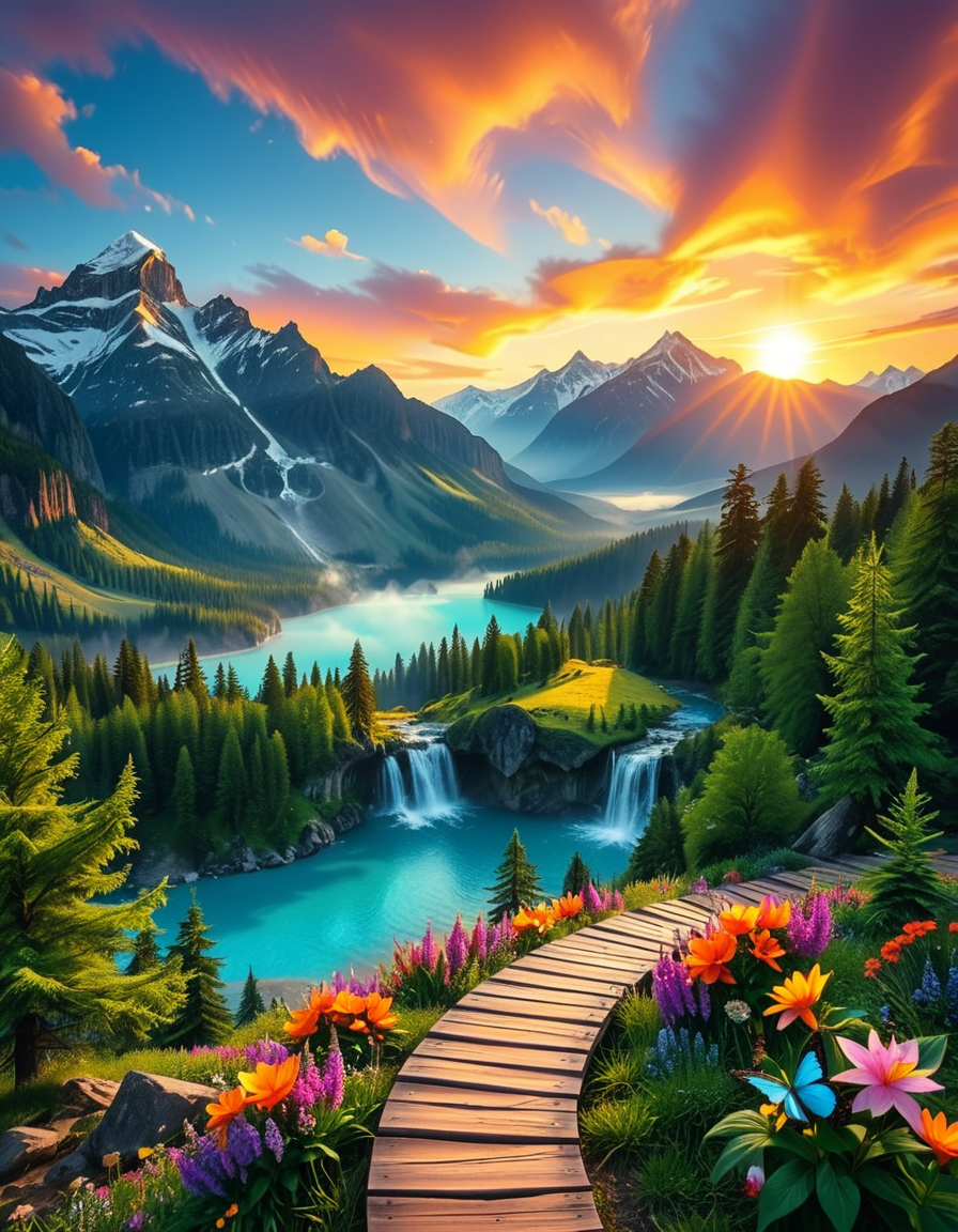 A breathtaking, high-resolution photograph of the most beautiful place on Earth, where natureâs wonders blend in perfect harmony. Towering, snow-capped mountains rise majestically in the background, their peaks glowing under the golden hues of a setting sun. Below, a crystal-clear turquoise lake reflects the colors of the sky, surrounded by lush, green forests filled with ancient trees, vibrant wildflowers, and cascading waterfalls. A soft mist rises from the valley, adding a dreamlike quality to the scene. In the distance, rolling meadows stretch toward the horizon, dotted with colorful flowers and serene wildlifeâgraceful deer grazing, birds soaring in the sky, and butterflies dancing in the breeze. A wooden footpath winds through the landscape, leading to a secluded, tranquil spot where the beauty of nature can be fully admired. The air is crisp and filled with the soothing sounds of rustling leaves, flowing water, and distant birdsong. The sky above is a masterpiece of colorsâdeep oranges, purples, and pinks blending seamlessly as the sun sets, casting a magical glow over this untouched paradise. The atmosphere is peaceful, awe-inspiring, and filled with a deep sense of wonder and tranquility, as if stepping into a perfect dream.
<lora:SDXLFaeTastic2400:0.4> <lora:extremely_detailed:0.4> extremely detailed, <lora:Earth_P4r4d1s3:1>,Earth P4r4d1s3, Masterpiece,best quality,hi res,8k,hi res,8k,award winning,(sharp focus, intricate, highly detailed),