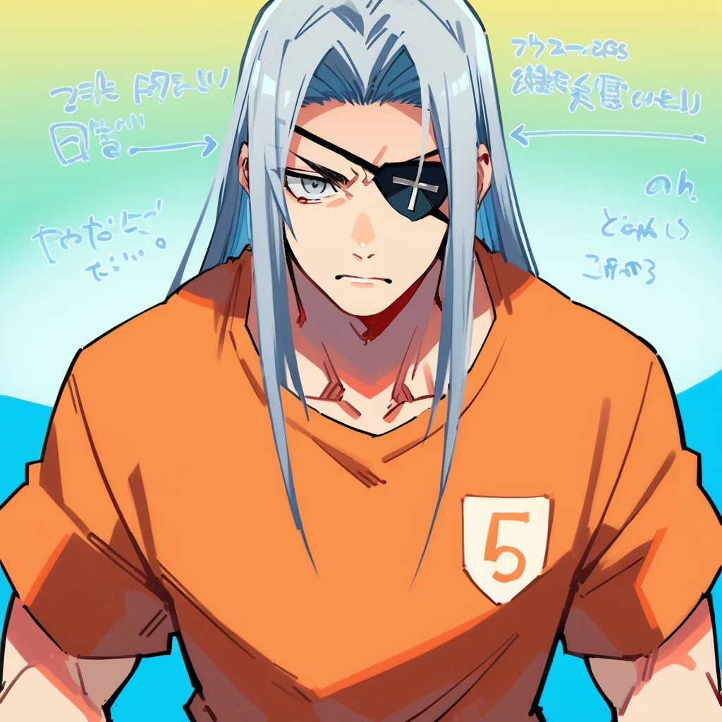 shin natsume, tenjo tenge, ah1, 1boy, long hair, gray hair, parted bangs, score_9, score_8_up, score_7_up, score_6_up, source_anime, orange t-shirt,<lora:Shin_Natsume_from_Tenjo_Tenge:0.8>, (Posing with a sinister scientific experiments collection, each one more macabre than the last), (Games Area, Exciting section with carnival-style attractions such as ring toss and strongman competitions, colorful booths offering games of skill and chance, the cheers of winners and groans of losers filling the air, the tantalizing scent of freshly popped popcorn, the sight of prizes dangling enticingly from the booths), grey eyes, serious, eyepatch,