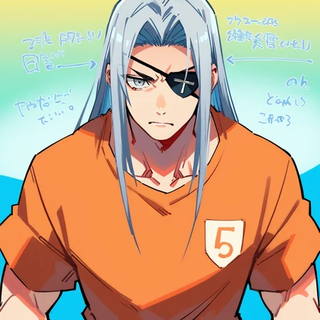 shin natsume, tenjo tenge, ah1, 1boy, long hair, gray hair, parted bangs, score_9, score_8_up, score_7_up, score_6_up, source_anime, orange t-shirt,<lora:Shin_Natsume_from_Tenjo_Tenge:0.8>, (Posing with a sinister scientific experiments collection, each one more macabre than the last), (Games Area, Exciting section with carnival-style attractions such as ring toss and strongman competitions, colorful booths offering games of skill and chance, the cheers of winners and groans of losers filling the air, the tantalizing scent of freshly popped popcorn, the sight of prizes dangling enticingly from the booths), grey eyes, serious, eyepatch,