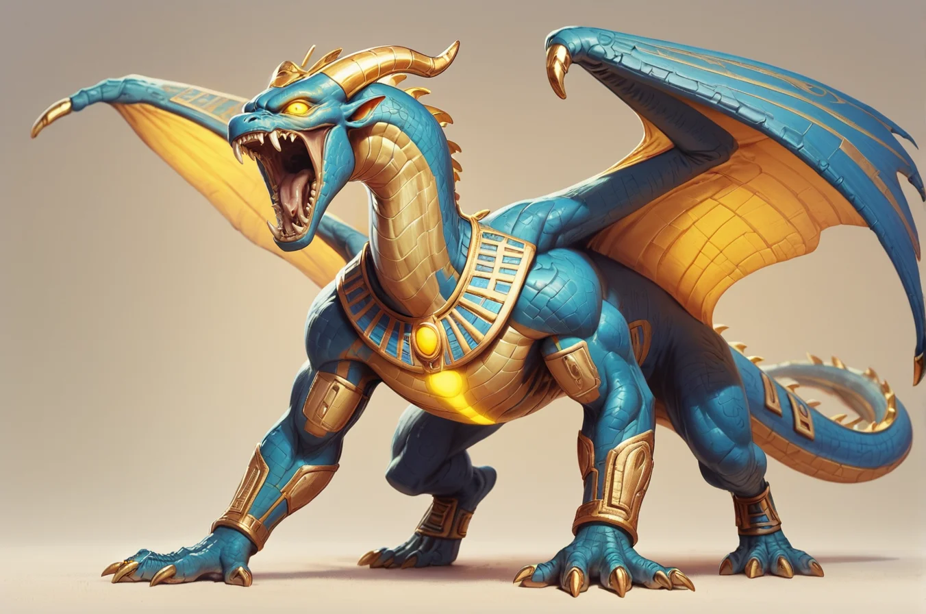 score_9, score_8_up, score_7_up, <lora:EgyptianWorldPony:1>, egyptianworld, muscular, roaring, fangs, full body, all fours, claws, blue and gold scales, quadruped, winged dragon, horns, long neck, open wings, yellow glowing eyes,