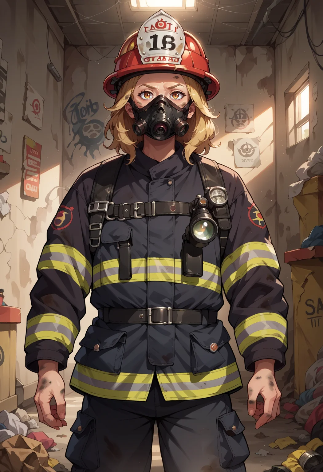 score_9, score_8_up, score_7_up, score_6_up, score_5_up, score_4_up, source_anime, 1girl, solo, looking at viewer, medium hair, blonde hair, mask, gas mask, wearing gas mask, detailed background, cowboy shot, EPFireFighter, <lora:EPFireFighterPony:1.0>, wearing EPFireFighter, jacket, black jacket, pants, black pants, harness, helmet, red headwear, indoors, dark, basement, dirty, graffiti, spider web, trash, smoke, dim lighting,