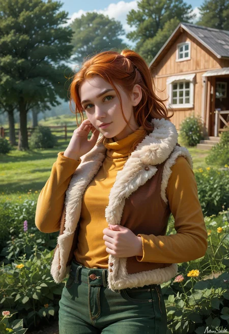 score_9, score_8_up, score_7_up,, high res ima , source_photo, source_real, (realistic:1.4),
1girl, cowboy shot, solo, , hands on head, pride, ,
outdoors, farm, garden, <lora:Robin_-_IL:0.8> Robin_SDV, green eyes, orange hair, ponytail, yellow turtleneck, green pants, brown vest, fur trim, masterpiece, best quality, good quality, newest