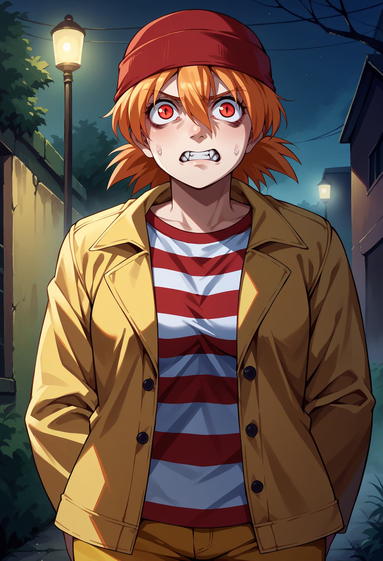 score_9, score_8_up,score_7_up, source_anime, 1girl, solo, <lora:EPhsSeras:1>,
orange hair, short hair, red eyes, hair between eyes,
SerVic,striped shirt, open jacket, beanie, red headwear, striped clothes, yellow pants, open clothes, long sleeves,
clenched teeth, female focus, night, outdoors, sweatdrop, worried, hiding, fang, vampire, darkness, fog, horror \(theme\),