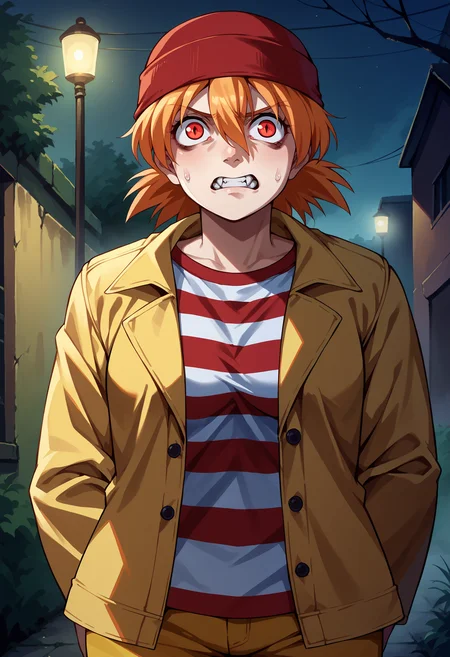 score_9, score_8_up,score_7_up, source_anime, 1girl, solo, <lora:EPhsSeras:1>,
orange hair, short hair, red eyes, hair between eyes,
SerVic,striped shirt, open jacket, beanie, red headwear, striped clothes, yellow pants, open clothes, long sleeves,
clenched teeth, female focus, night, outdoors, sweatdrop, worried, hiding, fang, vampire, darkness, fog, horror \(theme\),