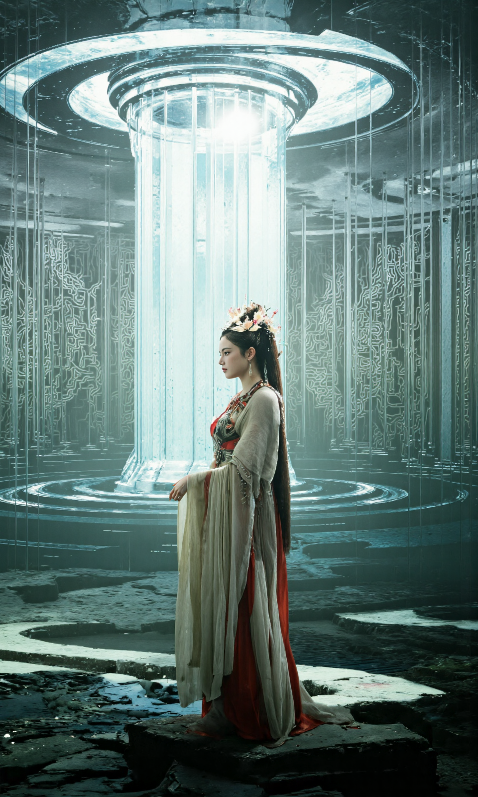 Top Atmosphere Photography Works, extremely realistic, Art by Zhang Jing, 
﻿
An enormous labyrinth of glass stretches into the horizon, its walls shifting and twisting like liquid. The sun refracts through the maze, creating impossible illusions. 
A lone (girl/female immortal, jewelry, earrings, red lips, long sleeves, hair bun, shawl, ribbon, Phoenix Crown, Biyao, Jade Ornaments, Floral Ornaments, armor, Hair Pin, Hair Comb, Golden Forehead Ornament, Beaded Strands, feathers clothes, cleavage, huge chest) steps inside, unaware that the reflections are watching her and they are not all friendly,
﻿
(photorealistic:1.5), (Extremely realistic, masterpiece, top quality, official art, best quality, beautiful and aesthetic:1.2), 4k, 8k, very rich details, 24bit colors, vivid colors, cinematic color grading, landscape,