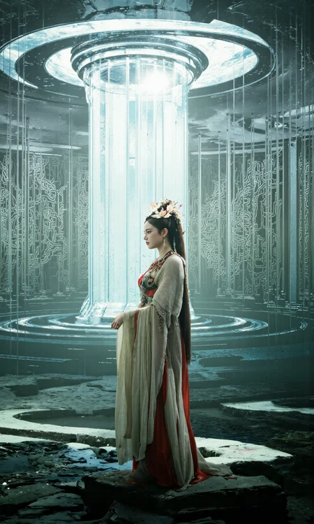 Top Atmosphere Photography Works, extremely realistic, Art by Zhang Jing,
An enormous labyrinth of glass stretches into the horizon, its walls shifting and twisting like liquid. The sun refracts through the maze, creating impossible illusions.
A lone (girl/female immortal, jewelry, earrings, red lips, long sleeves, hair bun, shawl, ribbon, Phoenix Crown, Biyao, Jade Ornaments, Floral Ornaments, armor, Hair Pin, Hair Comb, Golden Forehead Ornament, Beaded Strands, feathers clothes, cleavage, huge chest) steps inside, unaware that the reflections are watching her and they are not all friendly,
(photorealistic:1.5), (Extremely realistic, masterpiece, top quality, official art, best quality, beautiful and aesthetic:1.2), 4k, 8k, very rich details, 24bit colors, vivid colors, cinematic color grading, landscape,