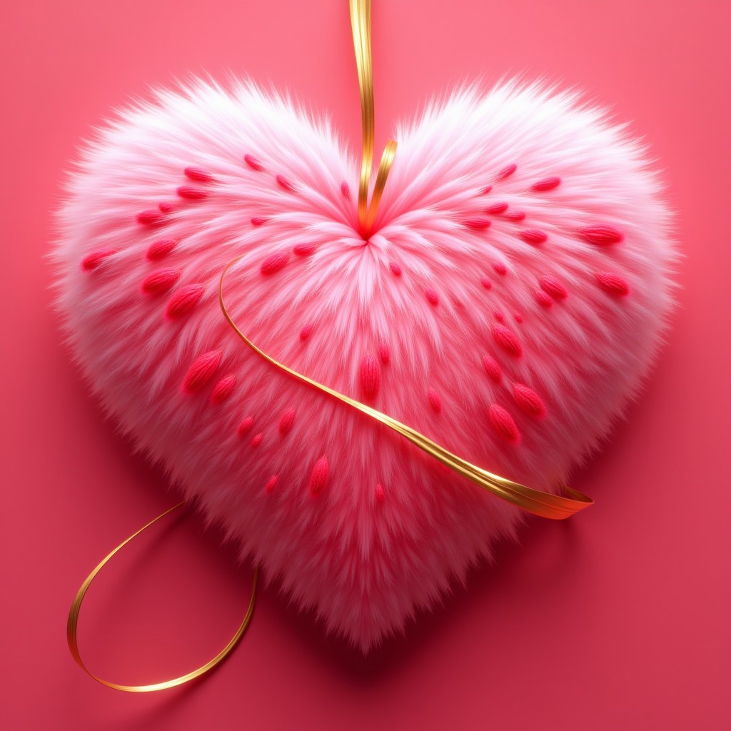 beautiful art dedicated to the holiday "Valentine's Day",a pink fluffy heart with red patterns on it,a golden ribbon binds a pink fluffy heart.digital art style, close-up,gold design