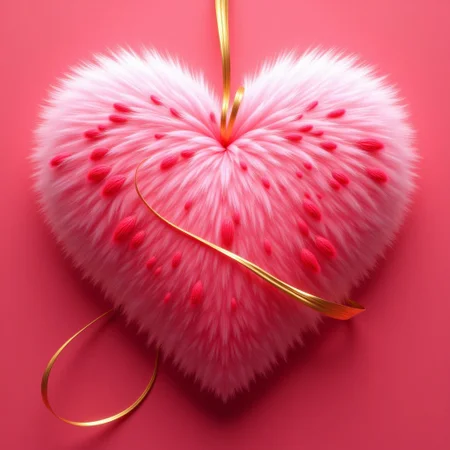 beautiful art dedicated to the holiday "Valentine's Day",a pink fluffy heart with red patterns on it,a golden ribbon binds a pink fluffy heart.digital art style, close-up,gold design