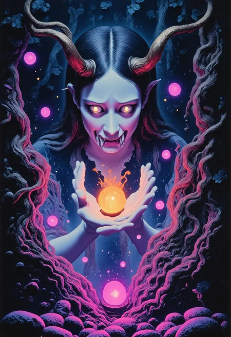 Satyr ArsMovieStill, movie still from a 1970s horror movie Studio Ghibli Dark Fairytale depicting a cursed hannya mask with horns and fangs in an eerie dark forest amidst twisting vines and luminous purple mushrooms