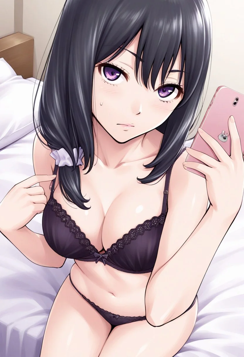 score_9, score_8_up, score_7_up, source_anime,(extremely detailed CG), (best quality),
purple eyes, black hair,lips, 
1girl, underwear, bra, panties, phone, breasts, cellphone, navel, smartphone, bed, sitting, long hair, underwear only, holding, holding phone, sweatdrop, selfie, cleavage, medium breasts, mika