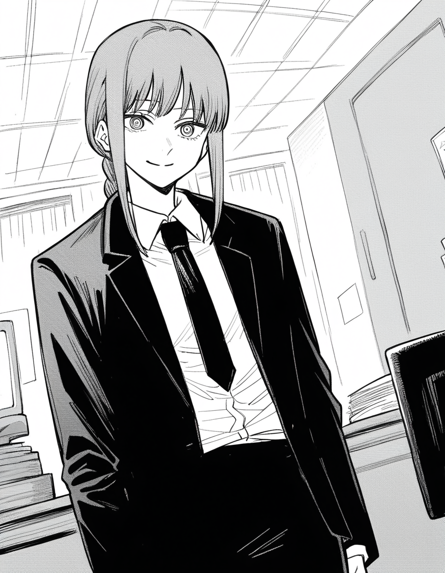 score_9, score_8_up, score_7_up, source_anime,
makima, <lora:chainsawman-makima-manga-ponyxl-lora-nochekaiser:1>,
makima, long hair, smile, bangs, braid, braided ponytail, ringed eyes, monochrome, greyscale,
shirt, long sleeves, jacket, white shirt, necktie, collared shirt, pants, black jacket, black pants, formal, suit, black necktie, shirt tucked in, office lady,
indoors, office, smile,
looking at viewer, cowboy shot, dutch angle, solo,