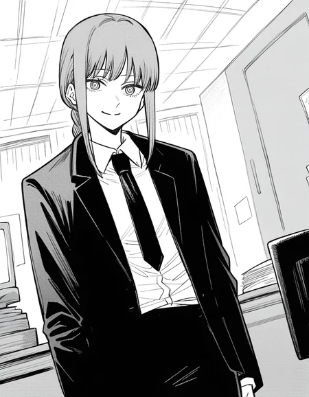 score_9, score_8_up, score_7_up, source_anime,
makima, <lora:chainsawman-makima-manga-ponyxl-lora-nochekaiser:1>,
makima, long hair, smile, bangs, braid, braided ponytail, ringed eyes, monochrome, greyscale,
shirt, long sleeves, jacket, white shirt, necktie, collared shirt, pants, black jacket, black pants, formal, suit, black necktie, shirt tucked in, office lady,
indoors, office, smile,
looking at viewer, cowboy shot, dutch angle, solo,