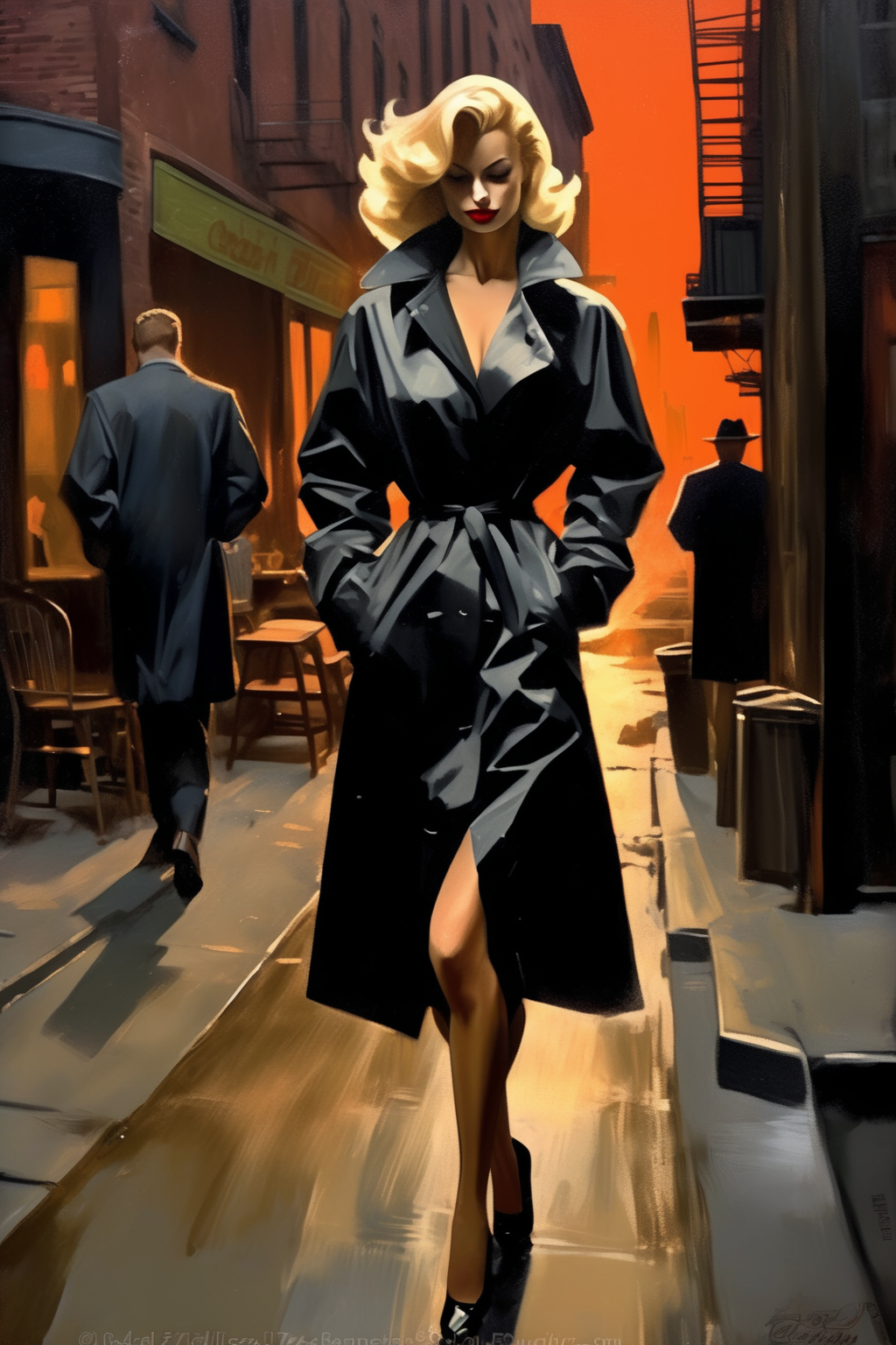 <lora:Ben Aronson Style:1>Ben Aronson Style - painterly illustration of a blonde hair woman with a misterious look as a spy from 1940. long smoking cigarillo on right hand and high blach styletto shoes. Large open raincoat. running in New York alley at sunset. detailled and realist. full body view