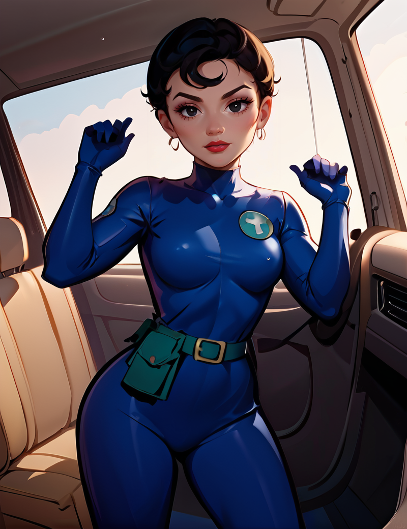 score_9, score_8_up, score_7_up,head tilted to the side, very wide shot , honeydew, agent_honeydew, 1girl, black hair, solo, lipstick, black eyes, Super Short Pixie hairstyle, short hair, wearingfullbody blue bodysuits, highly detailed face, greenbelt,  looking at viewer, an intimate drive-in, offering a nostalgic feel, soft blankets, cozy seating in vintage cars, an old-fashioned popcorn stand, ,dark navy high boots,     <lora:Agent_Honeydew_Pony:1>