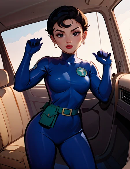 score_9, score_8_up, score_7_up,head tilted to the side, very wide shot , honeydew, agent_honeydew, 1girl, black hair, solo, lipstick, black eyes, Super Short Pixie hairstyle, short hair, wearingfullbody blue bodysuits, highly detailed face, greenbelt,  looking at viewer, an intimate drive-in, offering a nostalgic feel, soft blankets, cozy seating in vintage cars, an old-fashioned popcorn stand, ,dark navy high boots,     <lora:Agent_Honeydew_Pony:1>