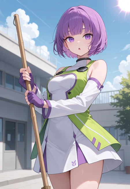 1girl,solo,<lora:espoiril:0.9>,espoir,purple eyes,purple hair,short hair,bare shoulders,white dress,white detached sleeves,fingerless gloves,green jacket,looking_at_viewer,cowboy_shot,chestnut mouth,school,school gateway,day,sun,cloud,holding_broom,sweeping,incredibly absurdres,masterpiece,best quality,good quality,newest,