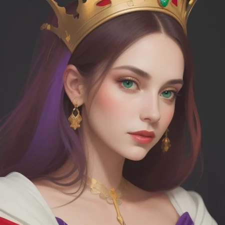 Portrait of a beautiful Queen.
Orange, red, green,  purple colors only.