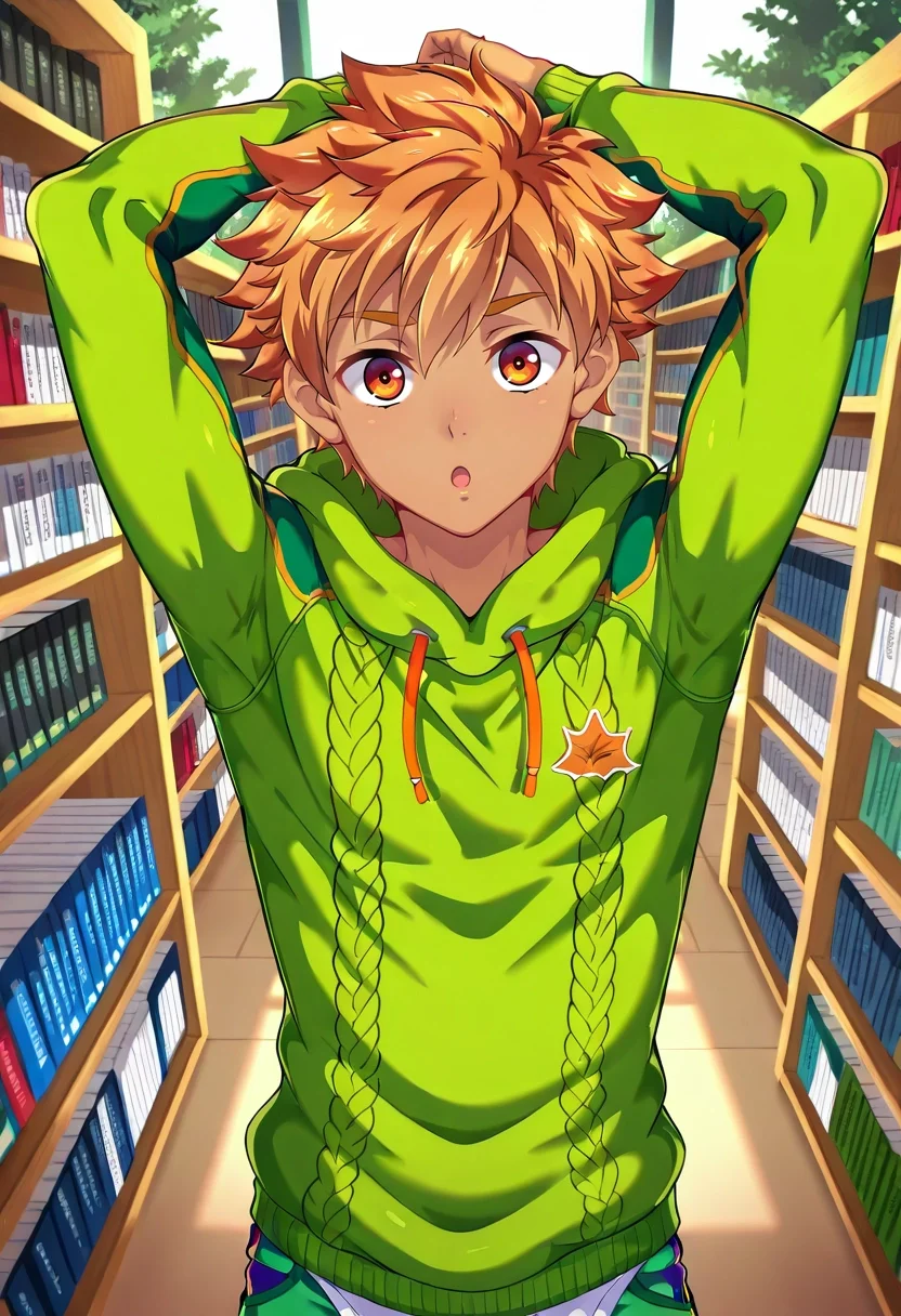masterpiece, best quality, intricate details, (photorealistic:0.6), looking at viewer, , 1boy, solo, male focus, <lora:jirou_camp_buddy_ilxl:0.98>, jirou_camp_buddy, orange hair, orange eyes, , asymmetrical, library, books, day, sunny, arms above head, :o, Silk Dressy joggers, Marigold Striped Damask Half-zip sweater, Chelseas, ,