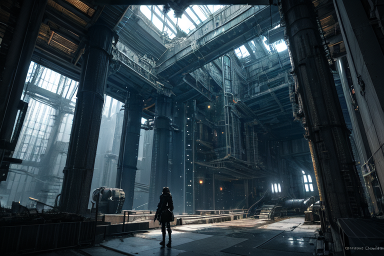 highly insanely detailed, masterpiece, top quality, best quality, highres, 4k, 8k, RAW photo, (very aesthetic, beautiful and aesthetic),  
tsutomu nihei,nihei_tsutomu,blame!,blame gakuen!,abara,TNstyle,sidonia_no_kishi,(city ruins,megastructure in background,tower,giant room,space,spacecraft,sidonia \(ship\),stairs,hangar,deep horizon,tunnel,lab,mausoleum),ventilation fan,ventilation shaft,dome,walkway,bridge,buildings,gauna,gauna mech,star \(sky\),starry sky,fence,concrete walls,metal walls,bones,steam,mist,foggy,smoke,fog,tentacles,cables,tubes,industrial pipes,machinery,letterboxed,lantern,drainpipe,light particles,blm,decrepit,futuristic,vast scenery,perspective,science fiction,flock, 
<lora:ABARA:0.3>, 
(1girl:1.3), 
solo focus, 
ethereal lavender background,âââ