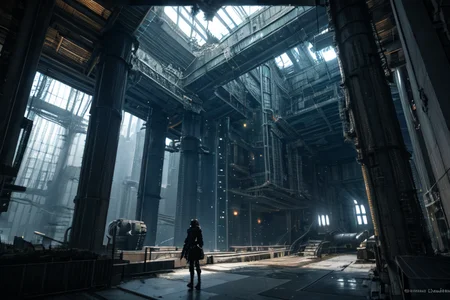 highly insanely detailed, masterpiece, top quality, best quality, highres, 4k, 8k, RAW photo, (very aesthetic, beautiful and aesthetic),  
tsutomu nihei,nihei_tsutomu,blame!,blame gakuen!,abara,TNstyle,sidonia_no_kishi,(city ruins,megastructure in background,tower,giant room,space,spacecraft,sidonia \(ship\),stairs,hangar,deep horizon,tunnel,lab,mausoleum),ventilation fan,ventilation shaft,dome,walkway,bridge,buildings,gauna,gauna mech,star \(sky\),starry sky,fence,concrete walls,metal walls,bones,steam,mist,foggy,smoke,fog,tentacles,cables,tubes,industrial pipes,machinery,letterboxed,lantern,drainpipe,light particles,blm,decrepit,futuristic,vast scenery,perspective,science fiction,flock, 
<lora:ABARA:0.3>, 
(1girl:1.3), 
solo focus, 
ethereal lavender background,âââ