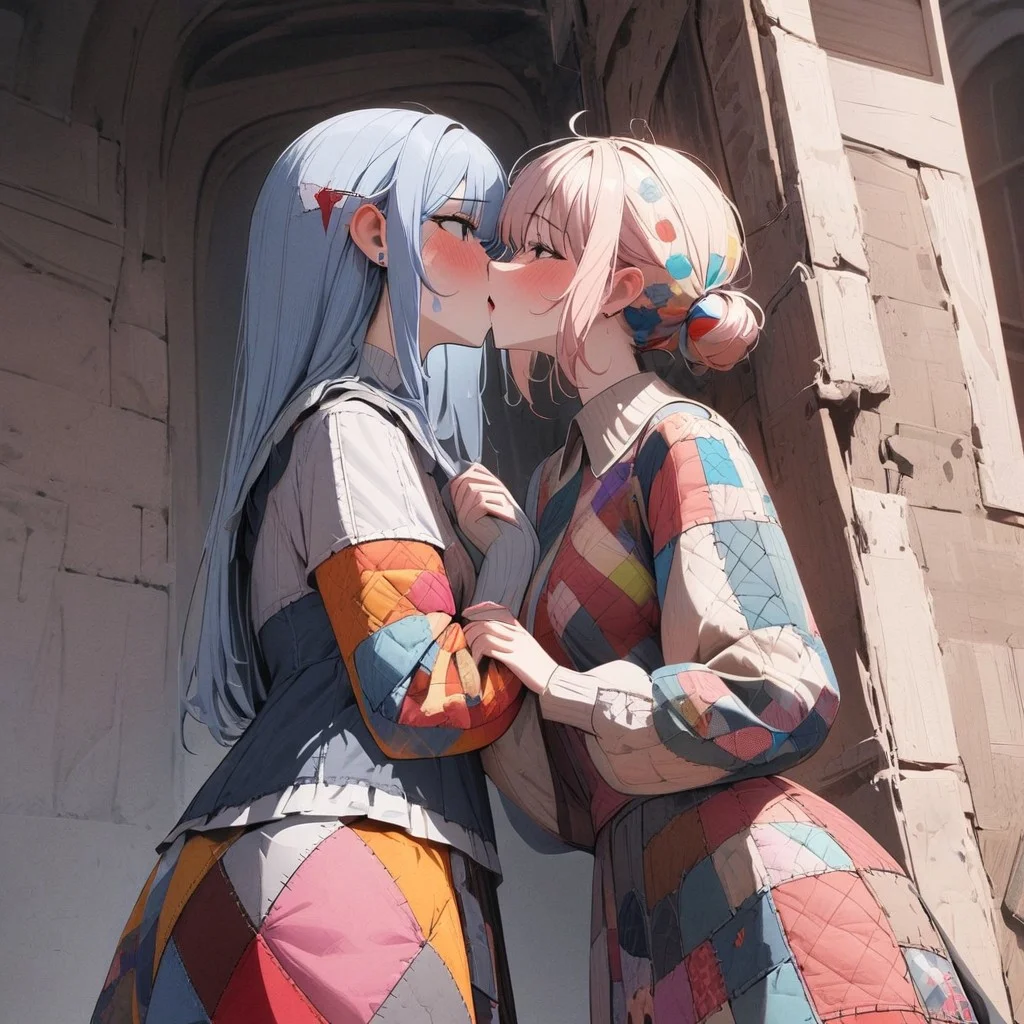 masterpiece, very aesthetic, absurdres, newest, ptchkrawk, 2girls, yuri, holding hands, patchwork clothes, colorful, imminent kiss