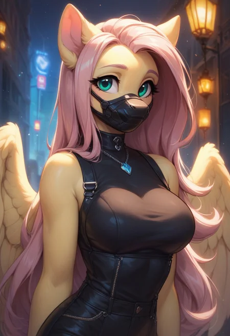 core_9, score_8_up, score_7_up, score_5_up, Anthro, Fluttershy,solo, wears a black mask with a cute face design, and large expressive green eyes accentuate her gaze. She is dressed in stylish black clothing, with a background that creates the atmosphere of a night city, with warm reflections of light in the distance