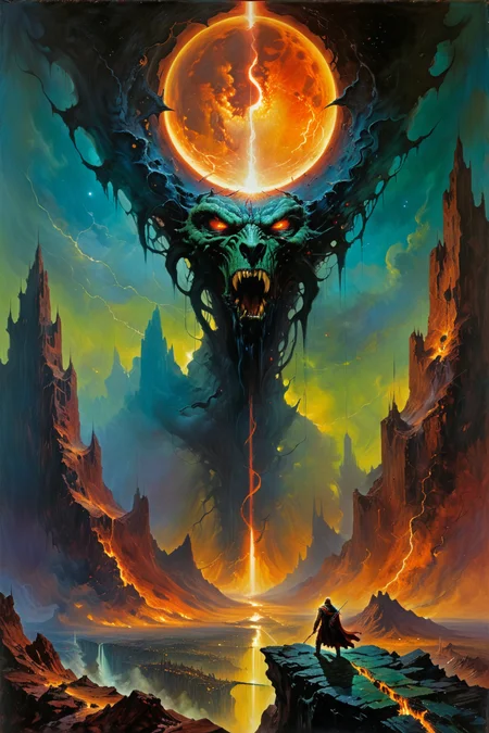 reversed world, turbulence, balrog, eye of sauron, shadow above world, hanging, godforsaken, above the weeping world, dying sun,to rule them all
,
masterpiece, dark fantasy, magic, glow, mysterious, emotional, expressive, poignant, disturbing, absurdes, horror theme, scary, eclipse, hypnotic, colorful, brushstrokes, dry brush, dramatic, tragic, melancholy, perfection, paiting, concept art, detailed, acid deep colors, stunning color scheme, mesmerizing and otherworldly visual experience, complex, high resolution, artistic, proffesional, composition explores the boundaries of reality, creating a visually arresting scene that defies conventional norms,
<lora:xl_more_art-full_v1:0.7> striking, neon lighting, epic scale, vertical composition, visionary,
,
,
<lora:DnD_Grainyboyz V2 SDXL Lora:0.45> DnD_Grainyboyz <lora:John Berkey Style:0.45> John Berkey Style page