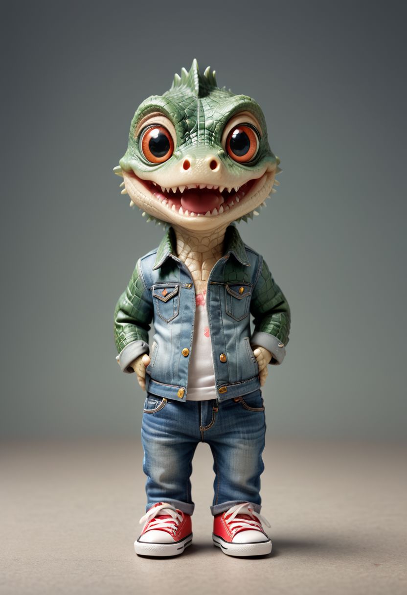 Cute little happy miniature chibi crocodile with big comically bright eyes, wearing jeans and converse shoes, hands in pockets