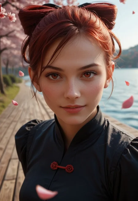 score_9_up, score_8_up, score_7_up, score_6_up, 1girl, 25 years old, perfect face, (adult), sexy,
three quarter view, detailed face, portrait, face focus, depth of field, looking at viewer, blush, shy smile, close up,
red eyes,
red hair, short hair, messy hair, hair bow, black bow, hair rings,
black dress, kung fu dress,
dynamic pose, dynamic angle,
day, blue sky, cherry blossoms, falling petals, outdoors, spring (season), wind, wind lift,
pier, ocean,