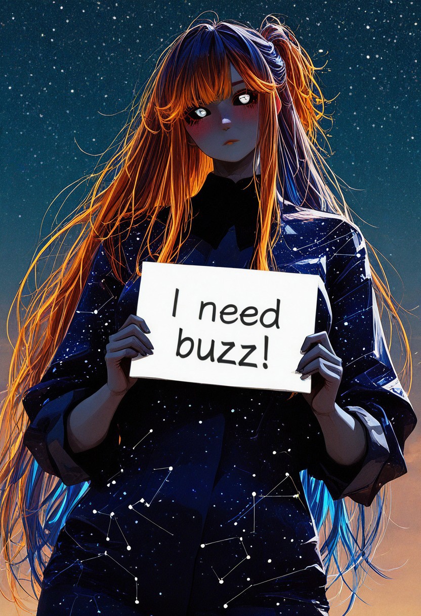 Best quality, masterpiece, 1girl, very long hair, deep blue hair, deep orange hair, gradient hair, starry hair, galaxy hair, colored skin, dark grey skin, voluptuous, constellation skin, half up hairstyle,
nhl-001, realistic
BREAK
CG, Detailed eyes, colored sclera, black sclera, (white eyes), colored blush, purple blush
BREAK
Black and Blue suit, rolled up sleeves, need_buzz, holding sign, sign says "I need buzz"
BREAK
dynamic pose, night sky
