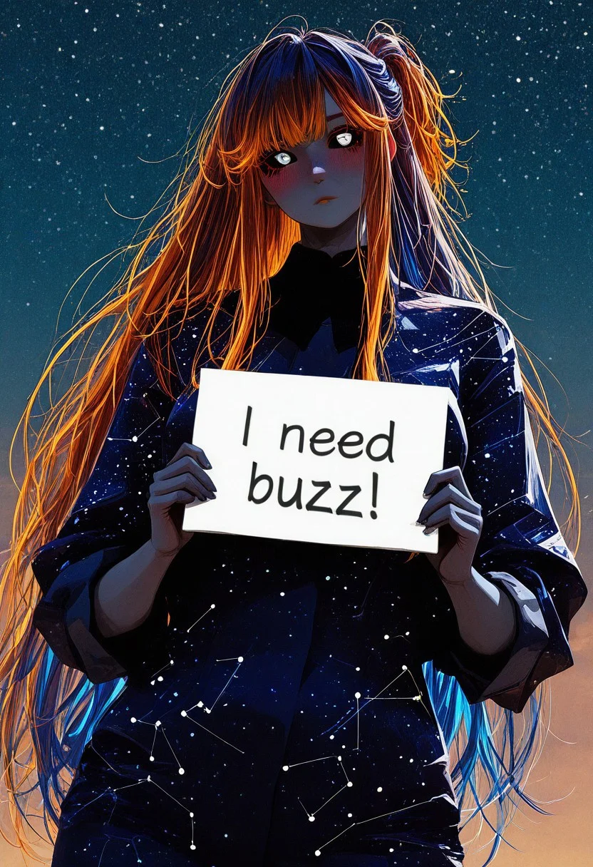 Best quality, masterpiece, 1girl, very long hair, deep blue hair, deep orange hair, gradient hair, starry hair, galaxy hair, colored skin, dark grey skin, voluptuous, constellation skin, half up hairstyle,
nhl-001, realistic
BREAK
CG, Detailed eyes, colored sclera, black sclera, (white eyes), colored blush, purple blush
BREAK
Black and Blue suit, rolled up sleeves, need_buzz, holding sign, sign says "I need buzz"
BREAK
dynamic pose, night sky