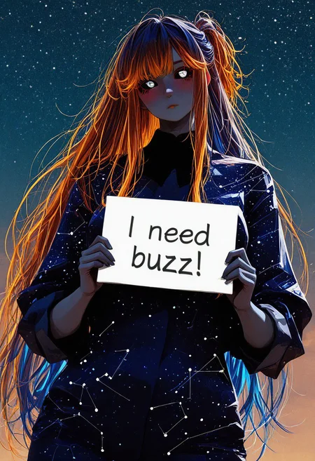 Best quality, masterpiece, 1girl, very long hair, deep blue hair, deep orange hair, gradient hair, starry hair, galaxy hair, colored skin, dark grey skin, voluptuous, constellation skin, half up hairstyle,
nhl-001, realistic
BREAK
CG, Detailed eyes, colored sclera, black sclera, (white eyes), colored blush, purple blush
BREAK
Black and Blue suit, rolled up sleeves, need_buzz, holding sign, sign says "I need buzz"
BREAK
dynamic pose, night sky
