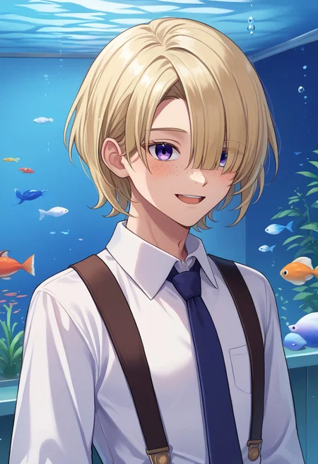 score_9, score_7_up, source_anime
freminet, 1boy, male focus, solo, purple eyes, blue eyes, blonde hair, hair over one eye, freckles, shirt, collared shirt, white shirt, suspenders, necktie, open mouth, smile, blush,
indoor, aquarium, upper body,