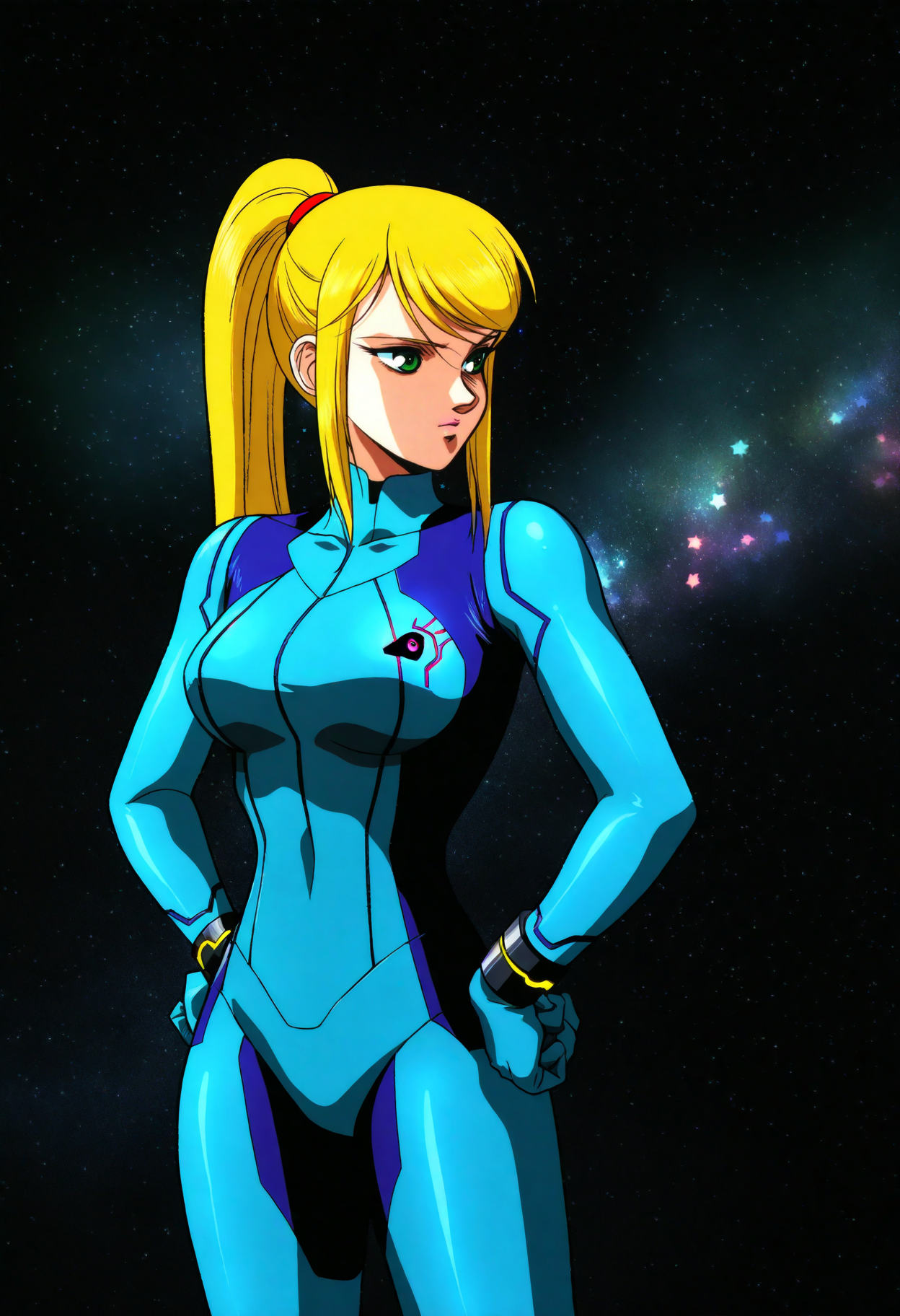 best quality, amazing quality, very aesthetic, absurdres, 
retro artstyle, BREAK
(black background, galaxy background, starry background:1.8),
1girl, samus aran, green eyes, blonde hair, medium hair, ponytail, sidelocks,
blue bodysuit,
standing, hands on hips, <lora:RecordofLodossWarNoob_byKonan:1>