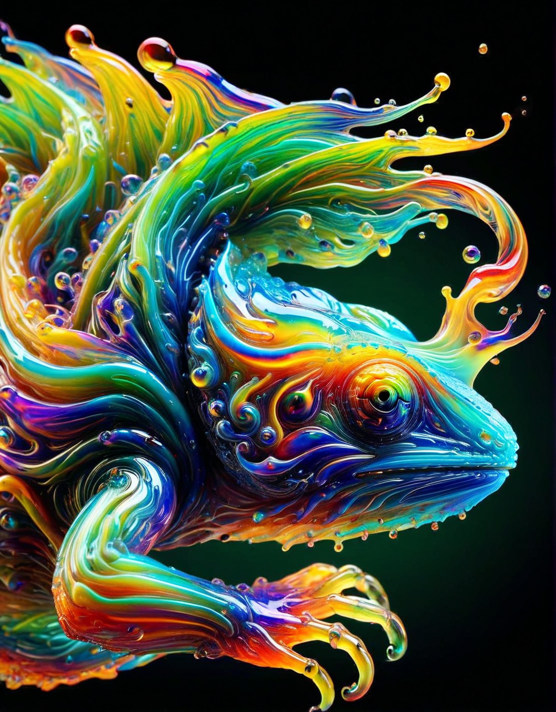 An ais-brknlvlmp chameleon, its skin shifting and flowing with ever-changing colors and glass-like textures. <lora:ais-brknlvlmp-sdxl:1>