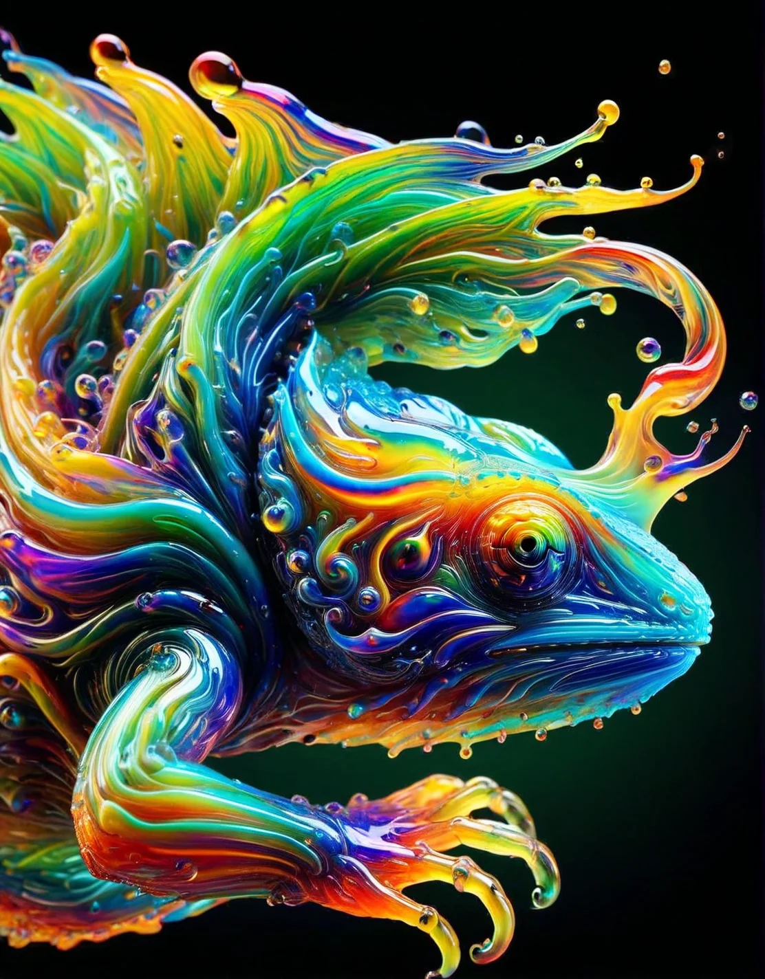 An ais-brknlvlmp chameleon, its skin shifting and flowing with ever-changing colors and glass-like textures. <lora:ais-brknlvlmp-sdxl:1>