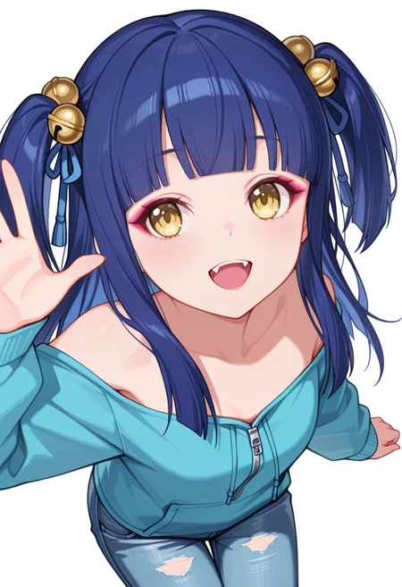 Smooth Quality,masterpiece,very intricate, high quality details, ultra realistic, high detailed skin,detailed enviorement,absurdres,
waving ,
 <lora:Ranran_CNR:0.8> ranran_cnr,1girl, blue hair, long hair, two side up, blunt bangs, yellow eyes, fangs, hair ornament, hair bell,hair ribbon, hair bobbles,makeup,, torogao,, simple background, white background, from above,solo,, off-shoulder top, ,zip-up hoodie, ,patched jeans,  ,