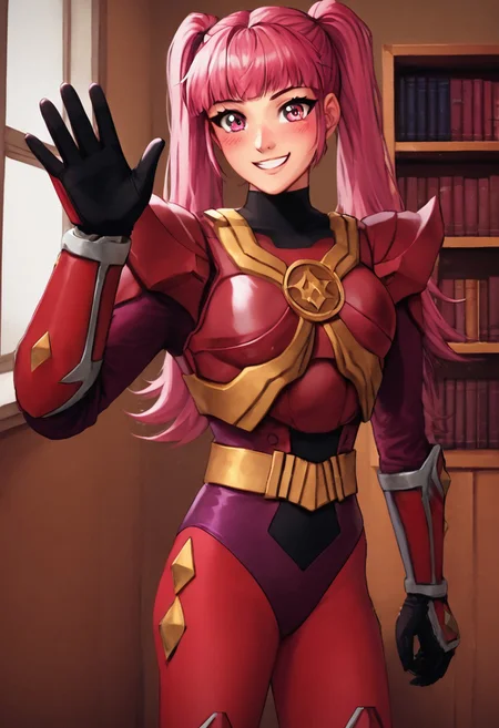 score_9, score_8_up, score_7_up, source_anime, zPDXL, zPDXLpg, <lora:offset_0.2:0.1>, <lora:spo_sdxl_10ep_4k-data_lora_webui:1>, 1girl, solo, sazervelsou, red bodysuit, purple leotard, belt, armor, gauntlets, boots, <lora:Sazer_Velsou:1>, hildarnd, twintails, pink hair, pink eyes, smile, blush, cowboy shot, waving, looking at viewer, indoors, library