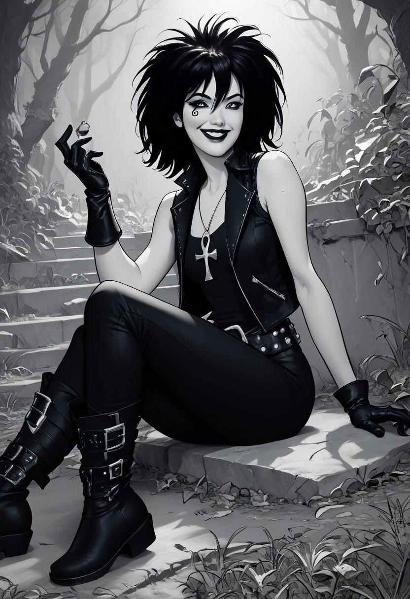 score_9, score_8_up,source_photo,hyper-realistic,perfect lighting,realistic lighting,high quality,dsk_death, 1girl, solo, jewelry, gloves, , boots, sitting, makeup, short hair, smile, lipstick, black hair, gothic, jewelry, necklace, ankh necklace, nail polish, leather jacket, black shirt, vest, short sleeves, tattoo, gloves, pants, lipstick, belt, spiked hair, black boots, comic art style, death_of_the_endless\(sandman\), greyscale, monochrome, cinematic angle, cinematic lighting, BREAK zPDXL2 PonyXLV6_Scores